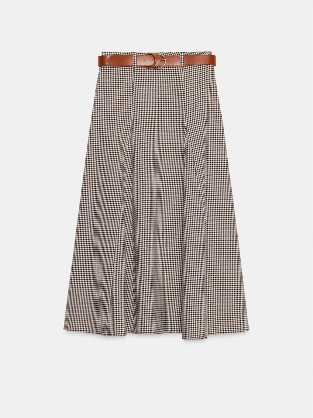 🤎 ZARA High-Waist Houndstooth A-Line Midi Skirt with Brown Belt